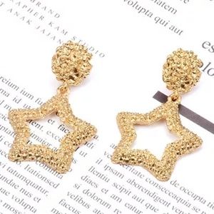 Gold Geometric Star Shaped Dangle Fashion Earrings Womens Drop Textured Metal